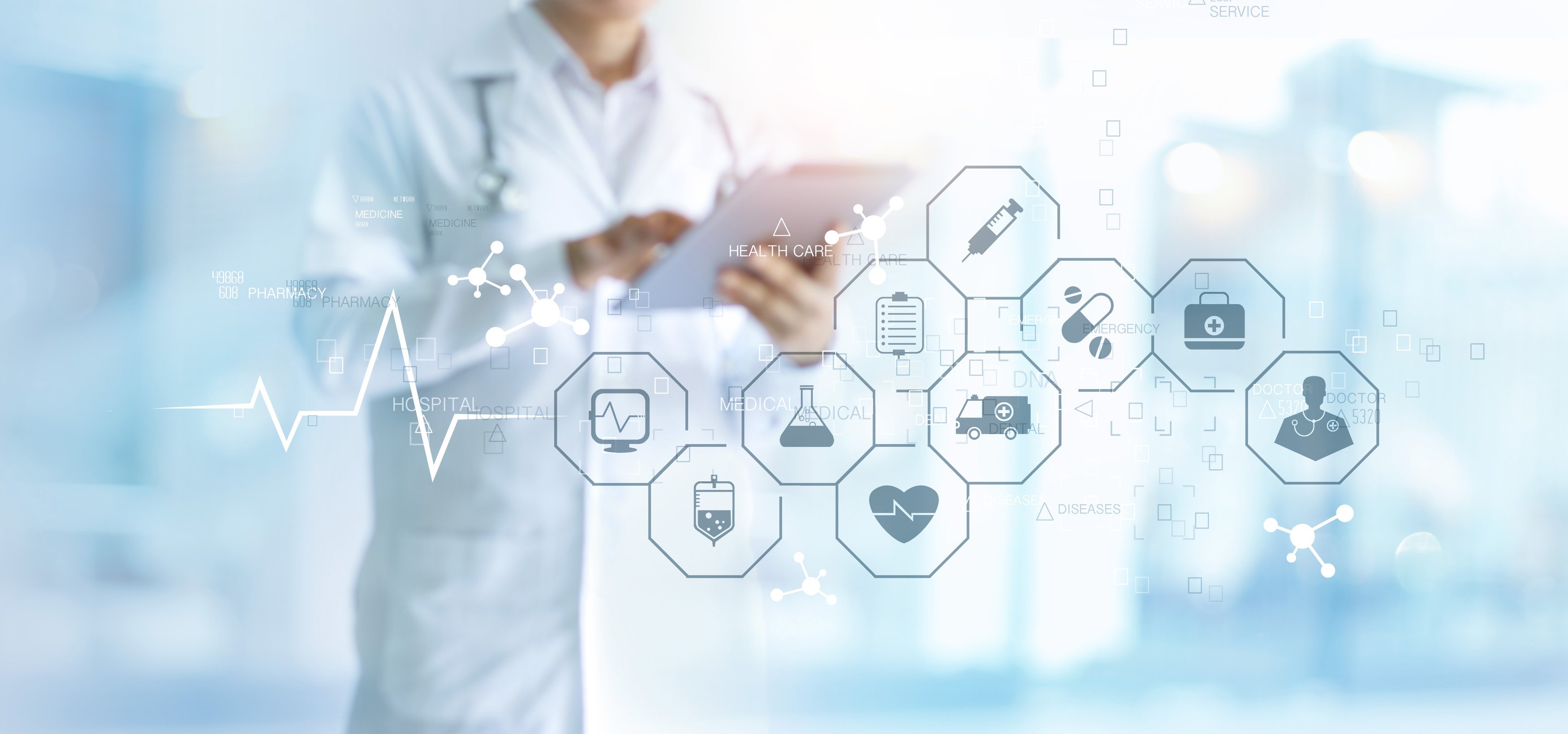 Medicine doctor with stethoscope using tablet and medical icon network connection on virtual screen interface in hospital background. Modern medical technology concept.
